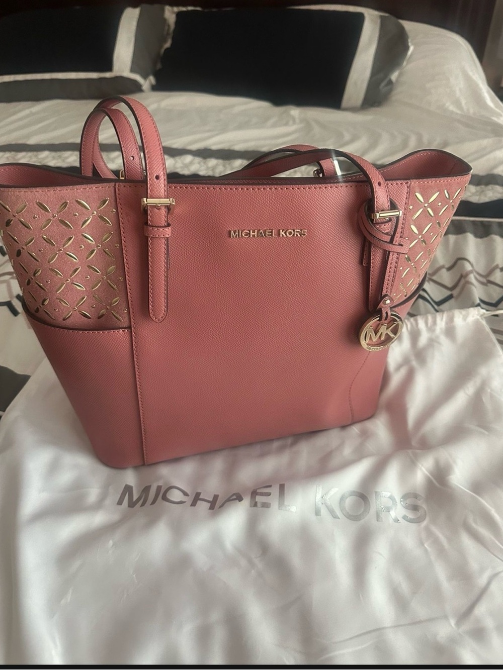 Michael Kors Rose Pink Laser-Cut Tote with Gold Accents